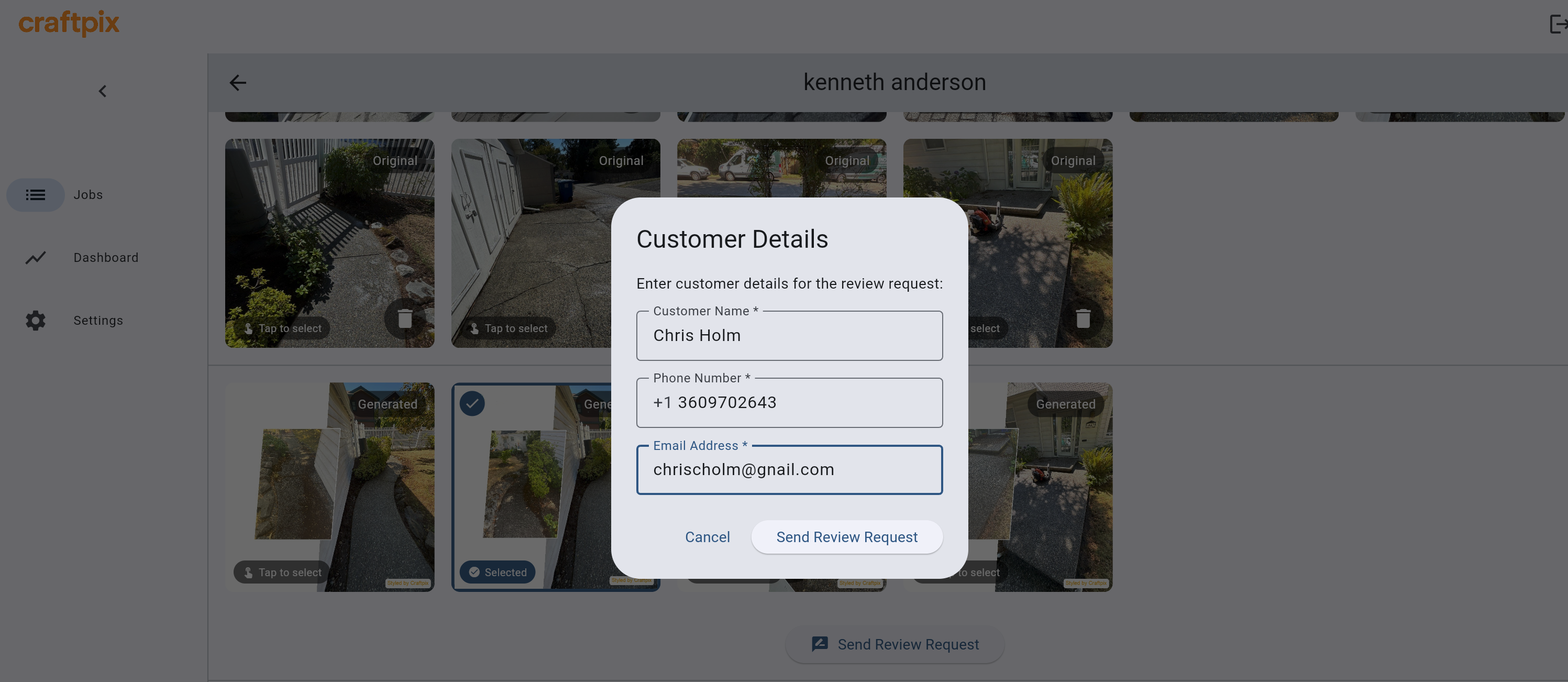 Send review request interface showing customer communication